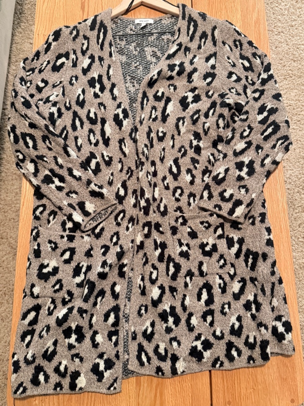 Nine West Leopard Print Cardigan XL Open Front Cozy Neutral Sweater